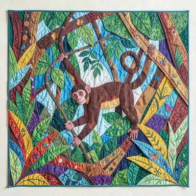 Panamanian mola textile illustration, a monkey swinging through jungle canopy la
