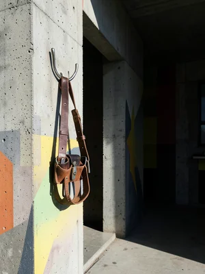 Tool belt hanging on workshop door hook, leather worn smooth, afternoon light