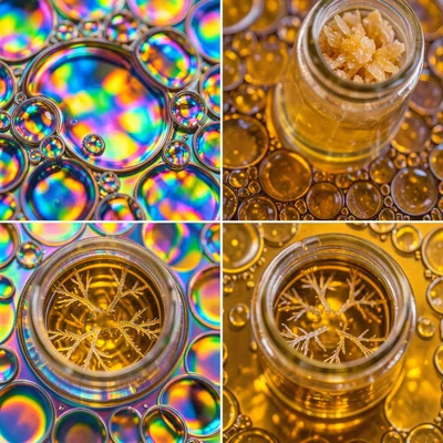 Macro of honey crystallizing in a jar, branching crystal structures forming in a