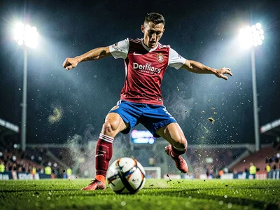 Soccer player striking the ball with perfect form, grass flying, evening floodli