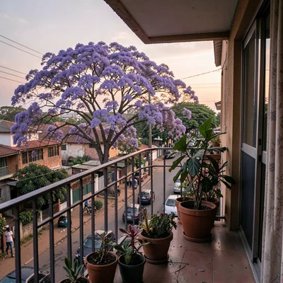 Jacaranda season purple light in suburban Harare, Zimbabwe, Avenues flat balcony