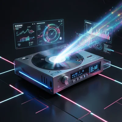 8-track tape player ejecting beam of light containing digital music visualizer