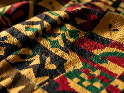 A section of West African kente cloth, the narrow strip-woven fabric showing bol