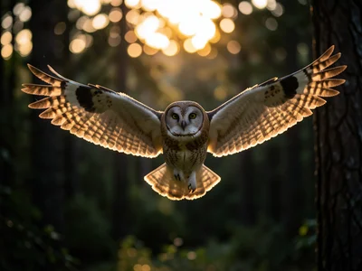 Owl in flight at dusk, wings fully spread, silent approach, forest background