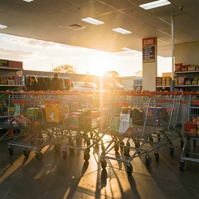 Grocery store shopping carts in golden hour backlighting