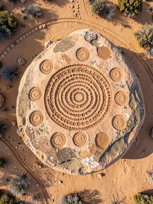 Rock art site — weathered sandstone boulder covered in carved cup-and-ring marks