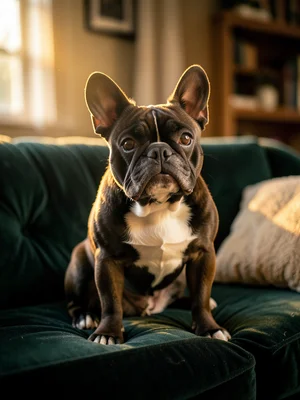 French bulldog sitting on a velvet couch, one ear up, curious expression, cozy i