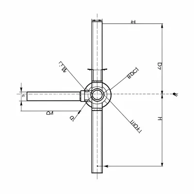 Engineering schematic of an irrigation drip line junction, dimension arrows and 