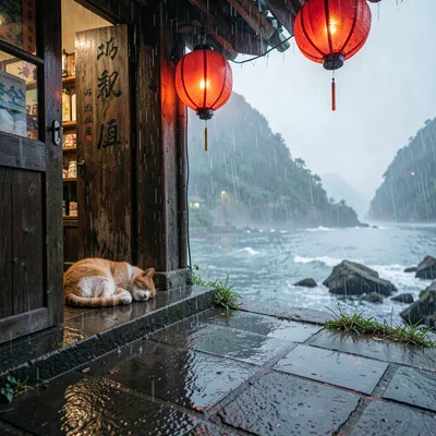 Jiufen rain beauty, wet mountain coastal, Cat sleeping in doorway of old shop, r