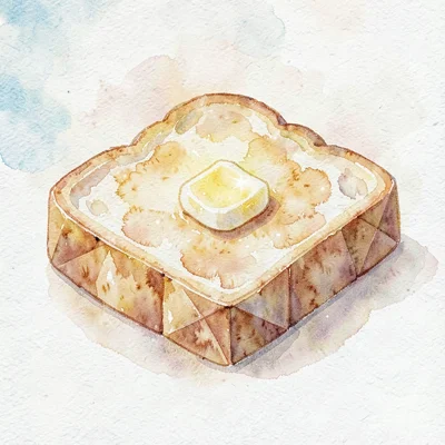 Smooth amber lowpoly toast slice with a thick faceted crust and a small pat of b