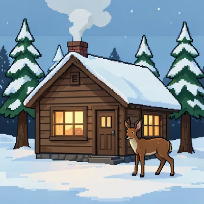A cozy pixel cabin in snowy woods: smoke from chimney, warm window glow, snow-co