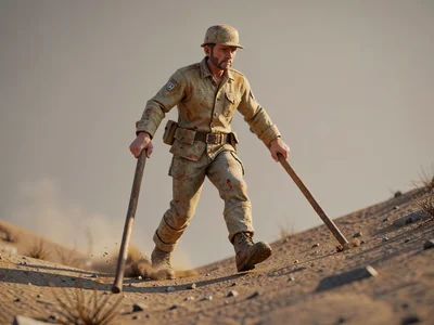 A wanderer mid-step descends an unseen slope sideways for balance, walking-staff