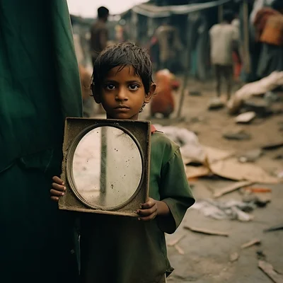 Photo A child in a slum holds up a mirror reflecting