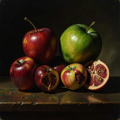 Fresh and rotting fruit arranged symmetrically, time passing in a single frame, 