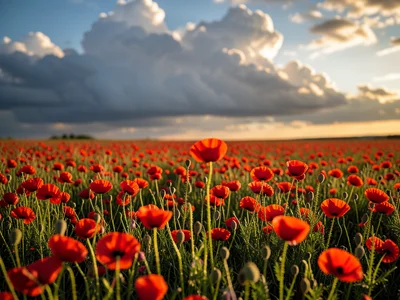 Field of wild poppies stretching to the horizon under dramatic cumulus clouds