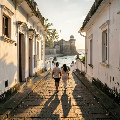 Galle fort golden hour, Dutch colonial tropical, Young couple walking narrow str