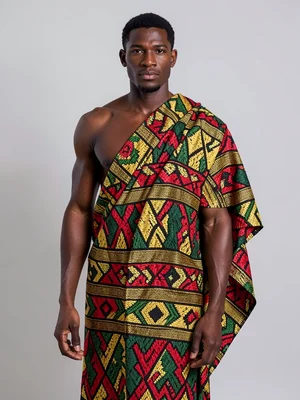 Man's kente toga draped over one shoulder — pattern visible against plain backgr