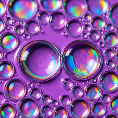 Oil drop collision on purple water, two bubbles merging, the contact zone showin