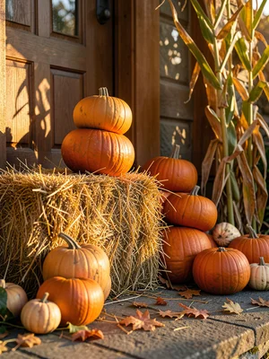 Stack of pumpkins by front door, hay bale, corn stalks, autumn display