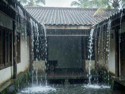 Building eaves creating waterfalls