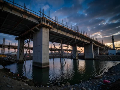 A bridge under construction: the concrete pylons rising from water, temporary su