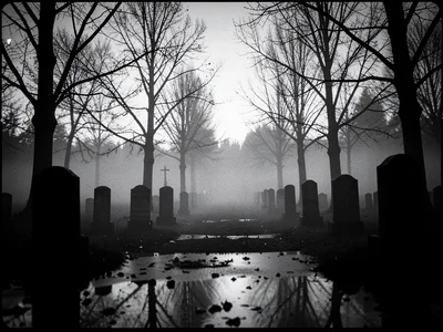 Fog rolling through cemetery at dusk, bare trees, silhouettes of headstones