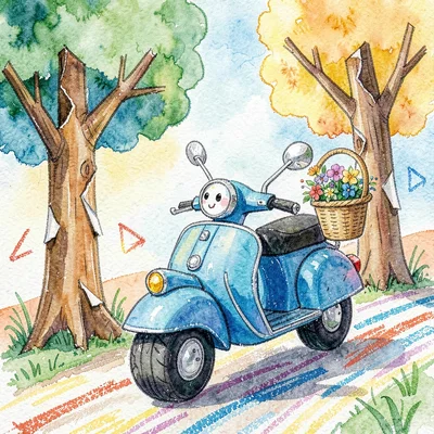A friendly scooter zipping past torn-paper trees with crayon speed lines and bas