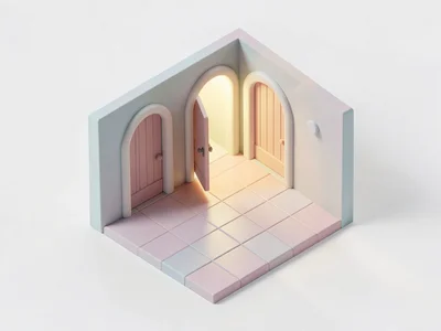 Tiny isometric corridor lined with rounded vault doors, a single open door spill