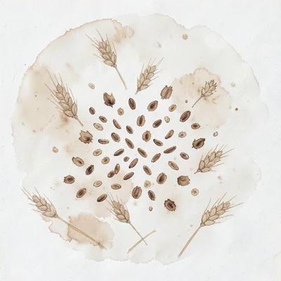 A scattered handful of seed-marks gathers in the center in pale chocolate agains