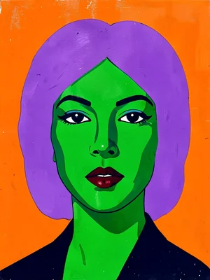 Portrait of a woman with green face, her hair an arbitrary flat violet, backgrou