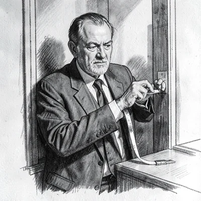 Loose charcoal portrait of a clerk fitting a tape back into a divider, smudged s