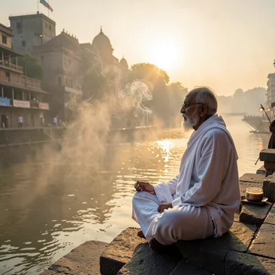 Sacred smoke catching golden Ganges light in Varanasi, Old man meditating on gha