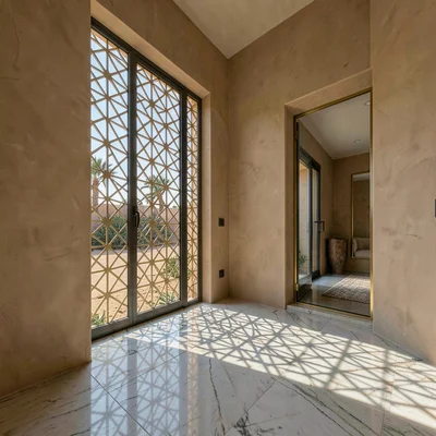 Contemporary Gulf photograph with heritage contrasts, Geometric mashrabiya scree