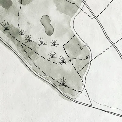 Cartographic plan view of a coastal preserve with hand-inked dune symbols and tr