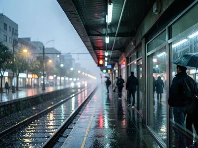 A train platform in the rain, the roof creating a dry strip, passengers waiting,