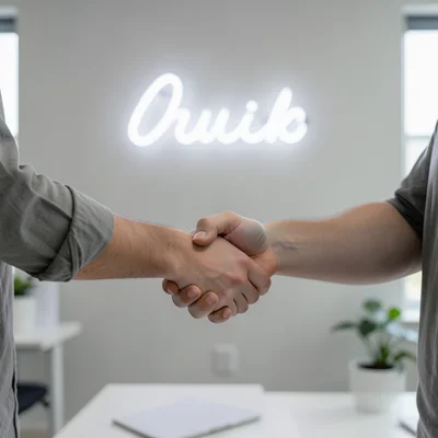 Close-up of a handshake between two people at a startup office with neon sign in