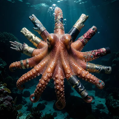 Octopus wearing eight different designer gloves, underwater fashion shoot