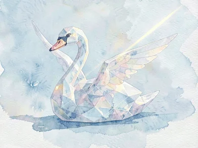 Faceted ice-clear lowpoly swan floating with neck arched, thin transparent wings
