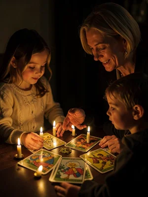 A grandmother teaching her grandchild to read tarot cards by a circle of tea can