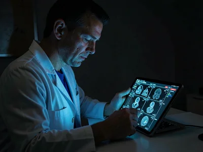 Doctor reviewing scans on tablet, screen illuminating tired face, the weight of 