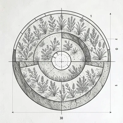 Detail blueprint of a herb spiral cross-section with tier zones, no readable lab