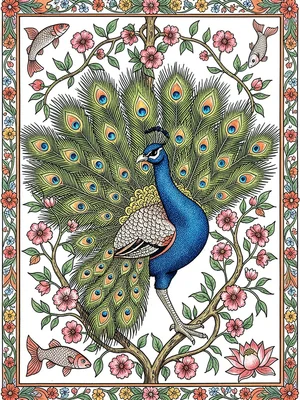 Peacock standing on one leg, tail spread wide, surrounded by dense flowering vin