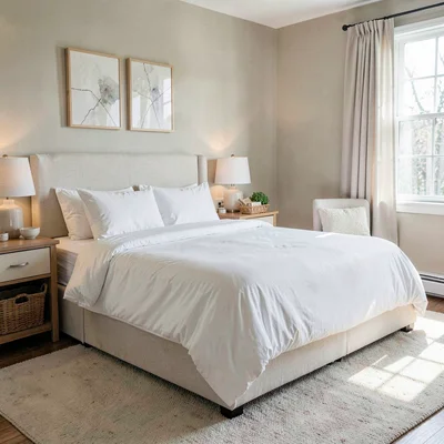 empty primary bedroom with crisp white linens and welcome basket
