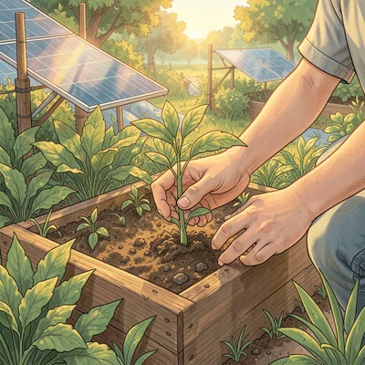 Close-up of hands in soil, a seedling being transplanted into a raised bed
