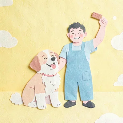Cut-paper collage of a happy dog sitting beside a smiling trainer with a treat h