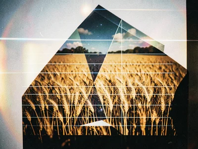 Parallel horizontal lines double-exposed with a field of wheat, stalks and strip