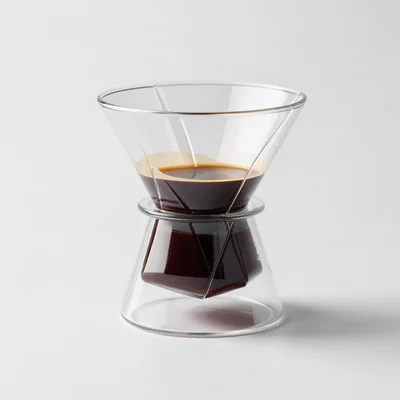 A pour-over coffee dripper in clear glass on a stand, the cone shape catching li
