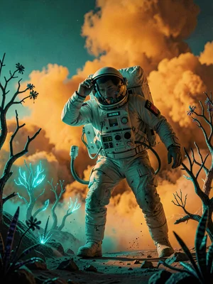 Astronaut removing helmet on alien planet, orange dust storm rising, teal biolum