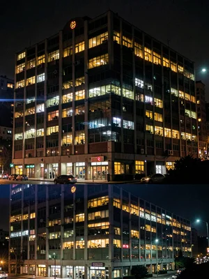 Office building at night showing accumulated lit windows throughout evening