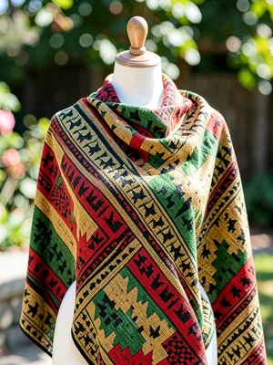Kente cloth on a mannequin shoulder — drape and fold, outdoor daylight